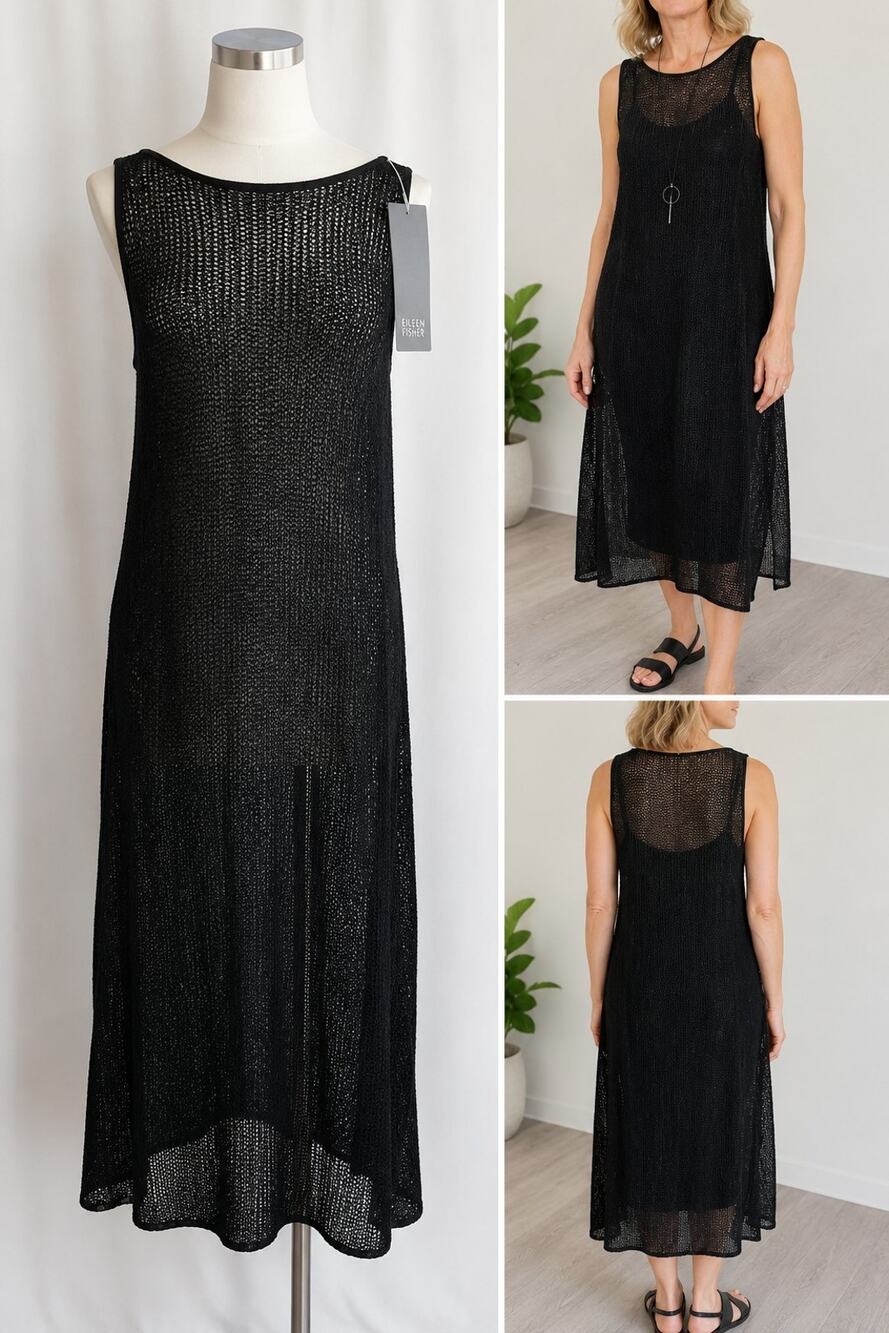 NWT Eileen Fisher Crinkle Mesh Bateau Neck Sleeveless Dress Black Large L $338